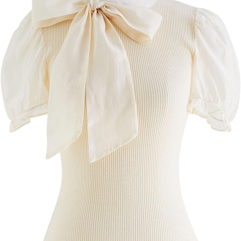 Chicwish Cream Puff Sleeve Tie Neck Knit Top